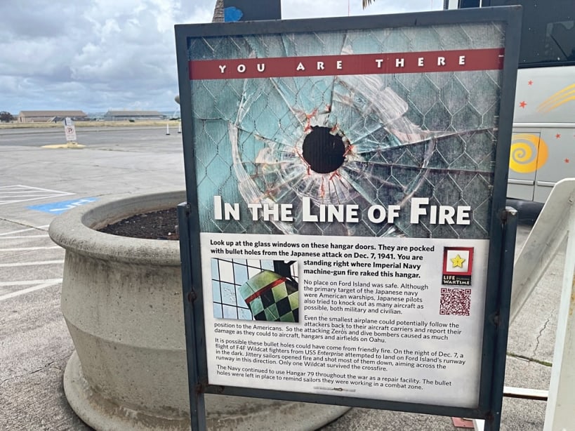 The huge bullet holes left by the Japanese during the Pearl Harbor attack on December 7, 1941. Oahu, Hawaii