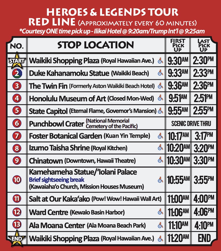 Red Line: Heroes & Legends Tour (Every 60 mins), Hawaii Bus Line